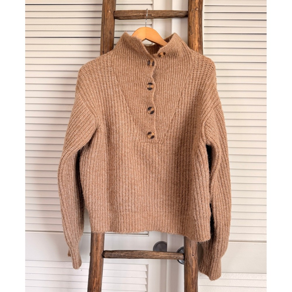 Mable 100% Wool Button Neck Ribbed Sweater Camel Tan M